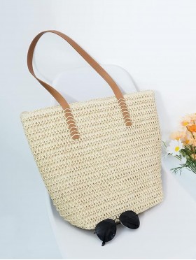 Fashion Weaved Straw Bag W/ Faux Leather Handle